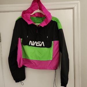 Chemistry Pink and Green Jacket Cropped Hooded Rain Jacket L